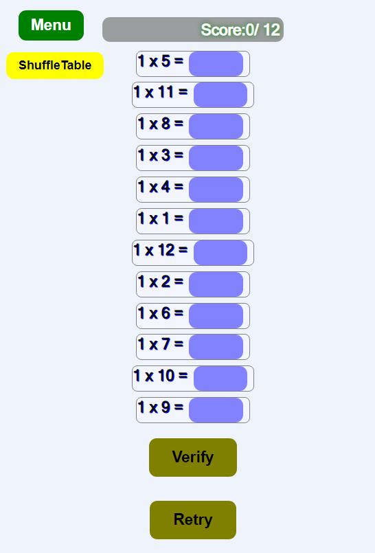Juego de tablas de multiplicar, funciones