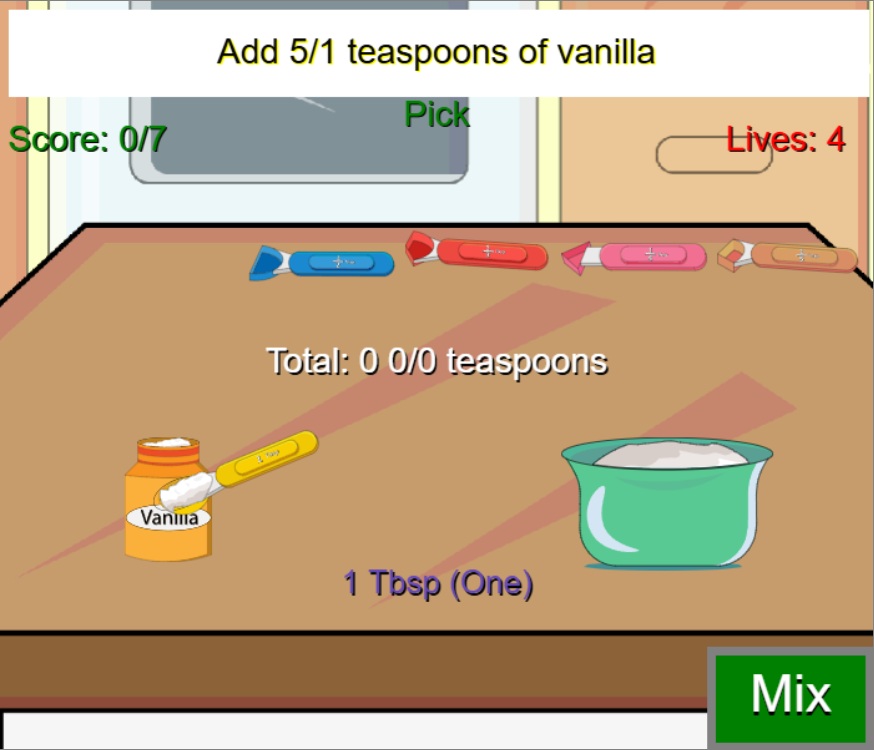 Juego de fracción: Mi pequeña cocina, acciones del juego