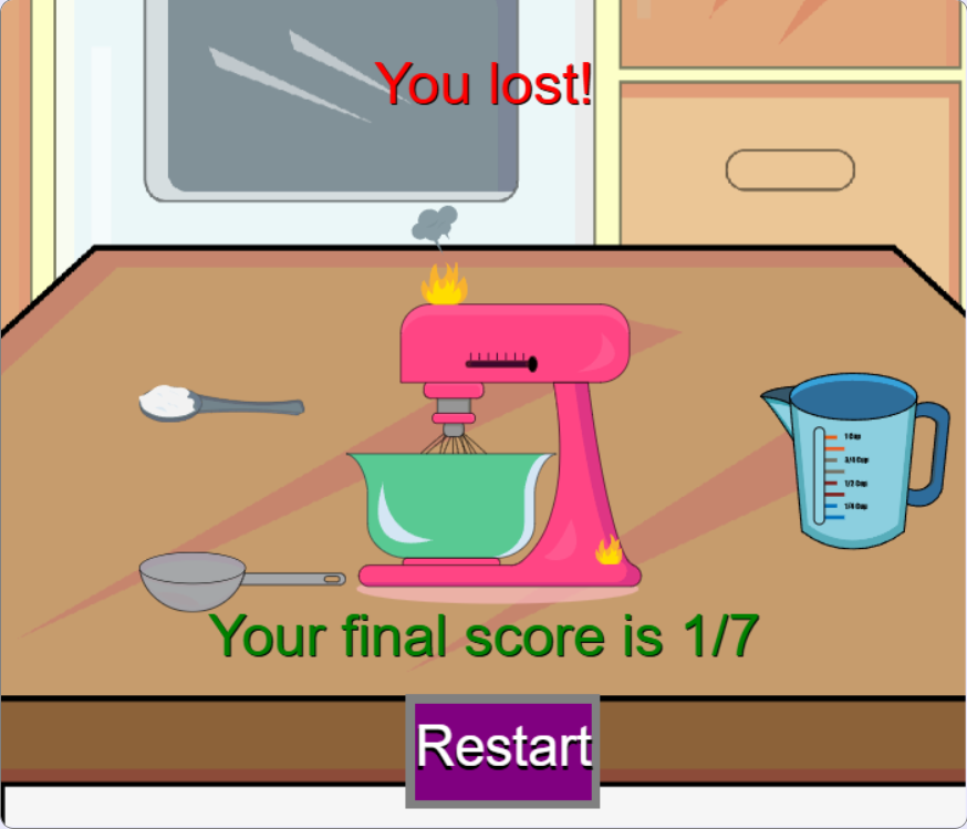 Juego de fracciones, nivel perdido